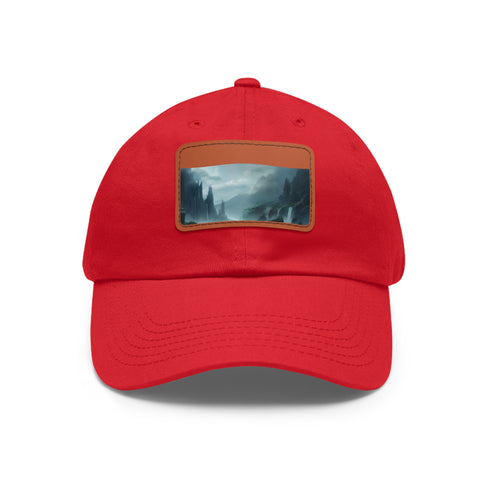 White baseball cap with fantasy landscape design.