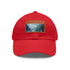 White baseball cap with fantasy landscape design.