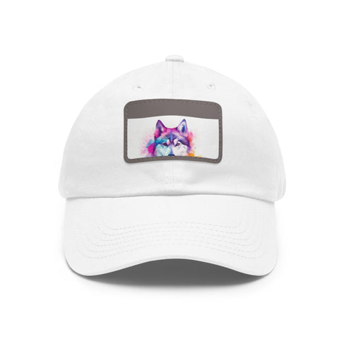 White cotton baseball cap with adorable husky patch, unisex style.