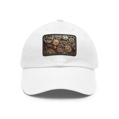 Steampunk cap with gears and cogs, white/light brown, rectangle shape.