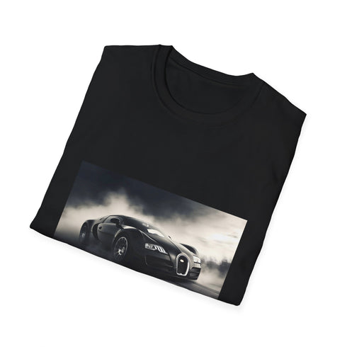 Charcoal cotton T-shirt features vibrant Bugatti race scene for adventurous style