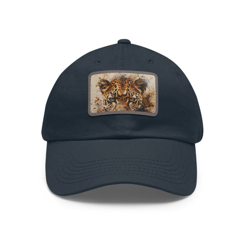 Cheetah print snapback hat in white with light brown patch.