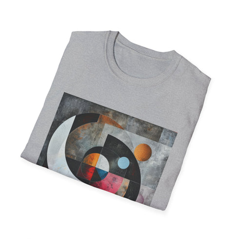 Charcoal cotton T-shirt with abstract geometric pattern features crew neck design