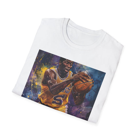 Charcoal Magic Johnson painting t-shirt, legendary basketball star portrait.