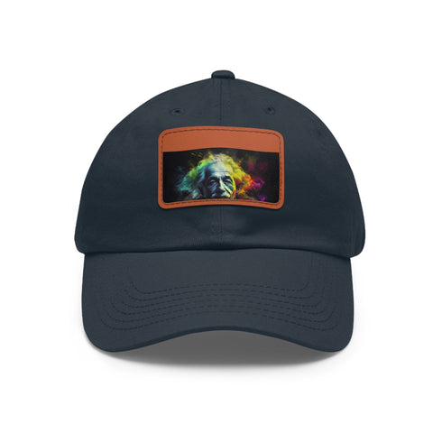 Vibrant Einstein watercolor baseball cap with neon colors and portrait design.