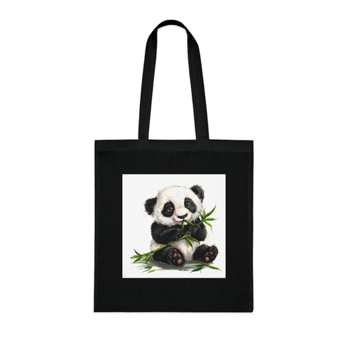 Black Bamboo Buddy Tote Bag with whimsical panda enjoying bamboo snack.