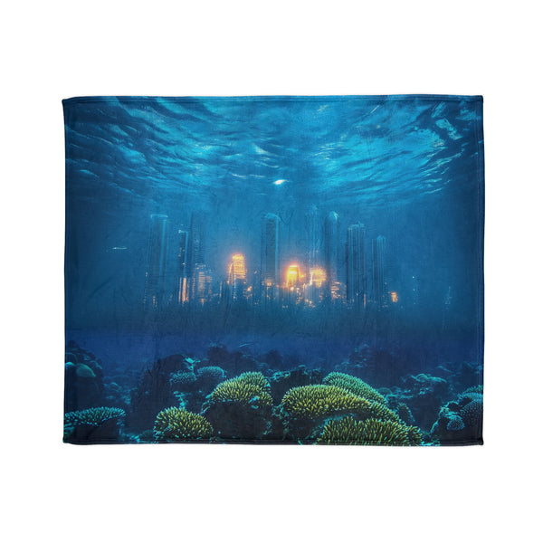 Sunken City Glowing Through Coral Reef — Plush Fleece Throw Blanket — Draped Over Sofa & Bed Lifestyle View