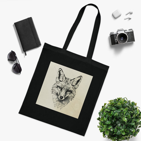 Angular Fox Tote Bag in Black Cotton - Geometric Fox Design