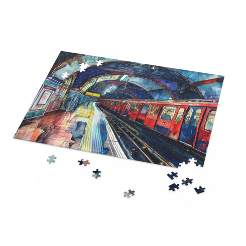London Underground watercolor puzzle featuring iconic transportation system, 120 pieces.