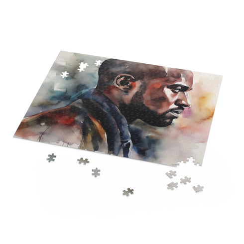 Vibrant Kanye West watercolor puzzle for fans of the legendary artist.