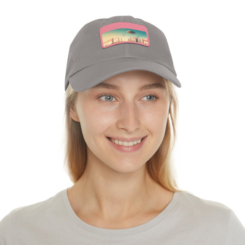 White cotton hat with rectangular urban skyline design.