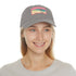 Futuristic skyline design white cotton baseball cap with light brown patch.