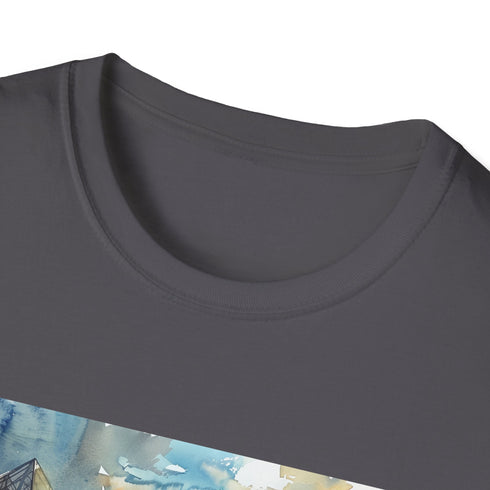 Charcoal crew neck t-shirt with Louvre-inspired watercolor design