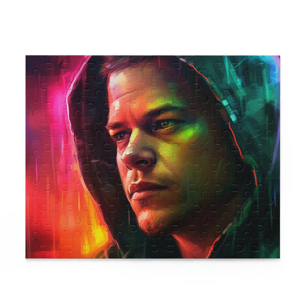 Vibrant Matt Damon watercolor puzzle with neon colors, 120 pieces.