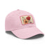 Hand-drawn flowers white baseball cap with light brown patch.