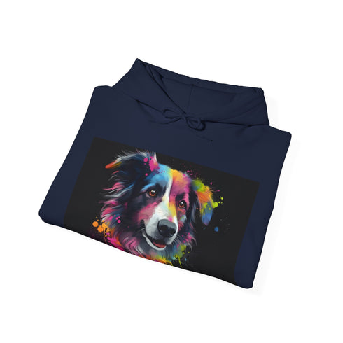 Smiling Collie Majesty Watercolor Hoodie in Navy, size S.