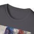 Charcoal crew neck T-shirt with vibrant Thanos portrait and soft brushstrokes