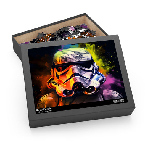 Neon Stormtrooper watercolor puzzle, 10" x 8", vibrant galactic fun.