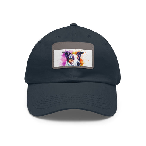 Adorable Jack Russel snapback cap with light brown patch.