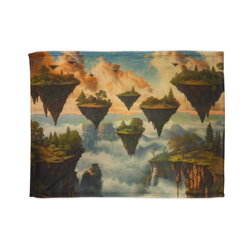 Surreal Island in the Sky Blanket: Whimsical cloud landscape sublimation design.