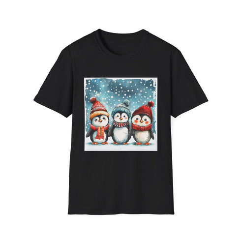 Charcoal crew neck t-shirt with penguins in cozy winter hats and scarves