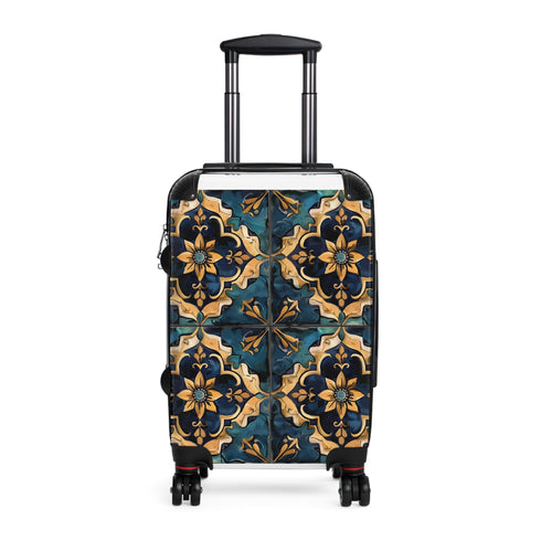 Artisan tile pattern small black travel bag with wanderlust design.
