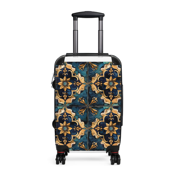 Artisan tile pattern small black travel bag with wanderlust design.