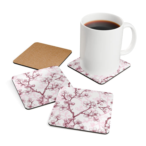 Square Cherry Blossom Corkwood Coaster Set in pink and white.