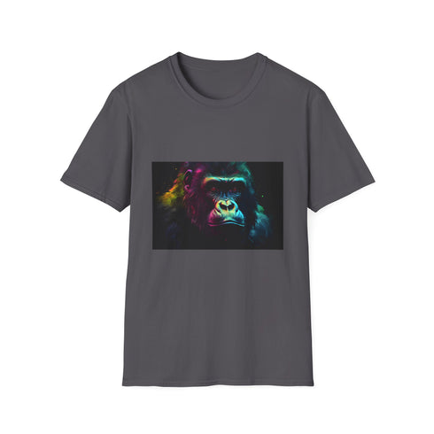Vibrant charcoal cotton T-shirt featuring majestic gorillas in watercolor and neon designs