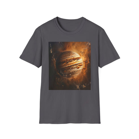 Charcoal crew neck T-shirt with a vibrant textured Jupiter painting design