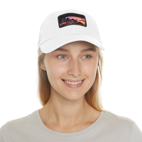 Miami Sunset Horizon Baseball Cap in White/Light Brown Rectangle design.