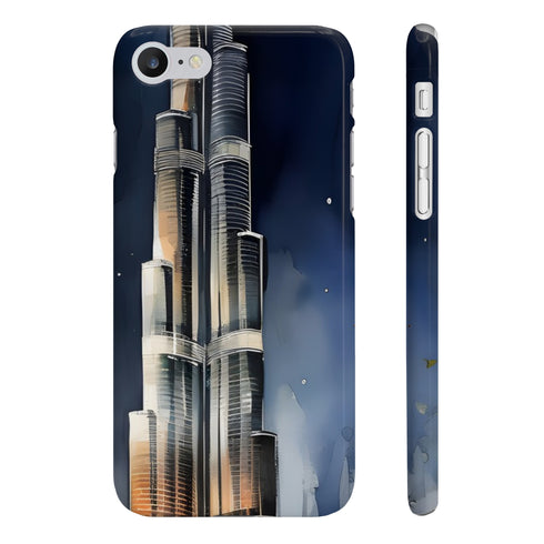 Burj Khalifa Nights phone case, glossy shimmer skyline design.