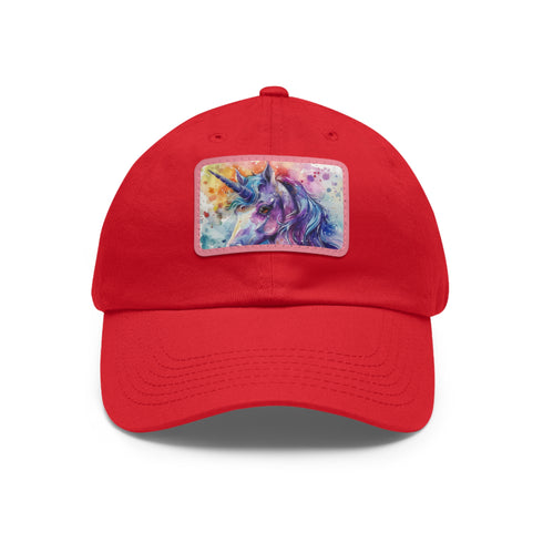 Magical watercolor unicorn baseball cap in white with light brown patch.
