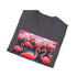 Charcoal Flamingo Flock cotton tee with vivid pink tropical design