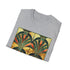 Charcoal cotton t-shirt with geometric art deco patterns and crew neck