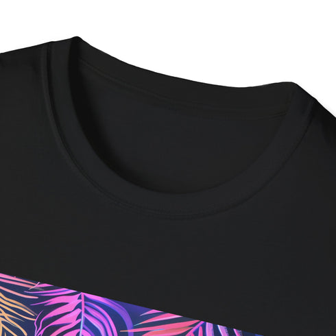 Neon tropics charcoal T-shirt, vibrant palm trees, perfect for summer adventures.