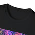Neon tropics charcoal T-shirt, vibrant palm trees, perfect for summer adventures.