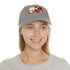 Abstract geometric design white baseball cap with light brown rectangle patch.
