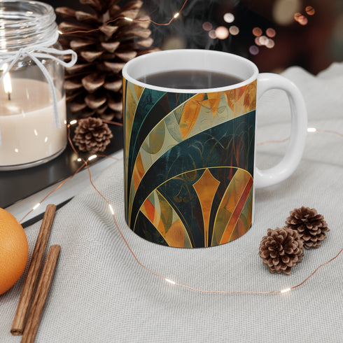 Chic abstract deco ceramic coffee mug with bold art deco patterns.