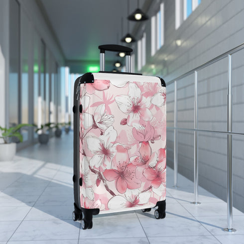 Pink and white cherry blossom small suitcase for stylish travel.