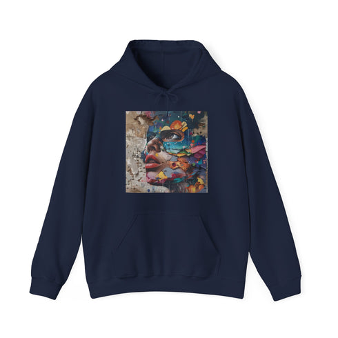 Edgy graffiti art navy cotton unisex hoodie with vibrant street soul.