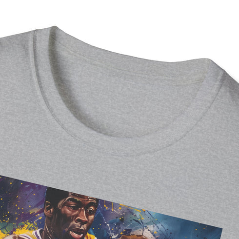 Charcoal T-shirt with vibrant Magic Johnson portrait: perfect for basketball fans.