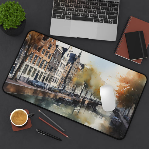 Amsterdam cityscape desk mat with vibrant design inspired by historic architecture.