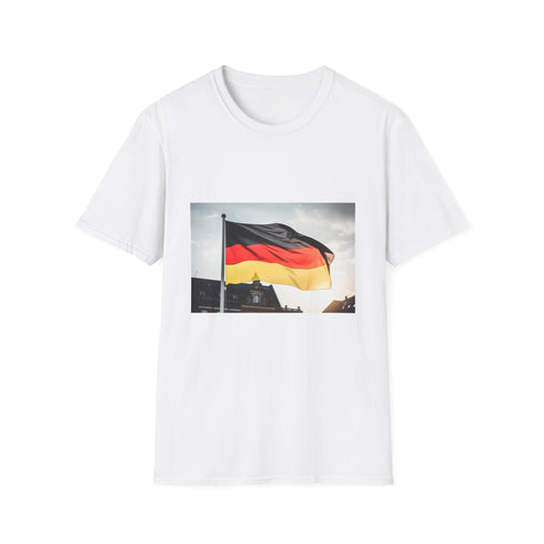 Teutonic Tapestry Black Red Gold Flag T-Shirt design representing Germany unity.