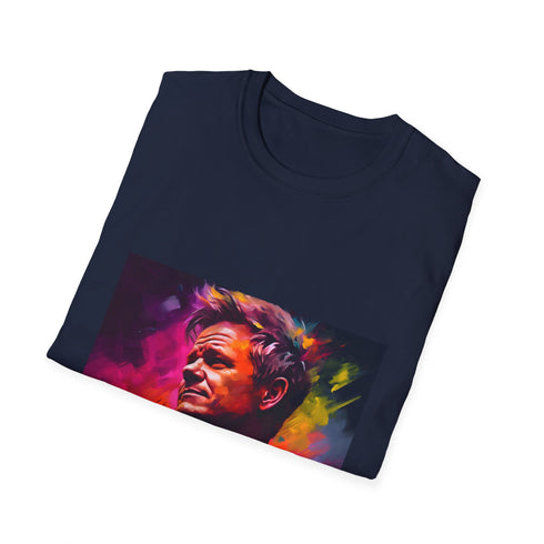 Vibrant charcoal crew neck T-shirt with watercolor neon culinary art