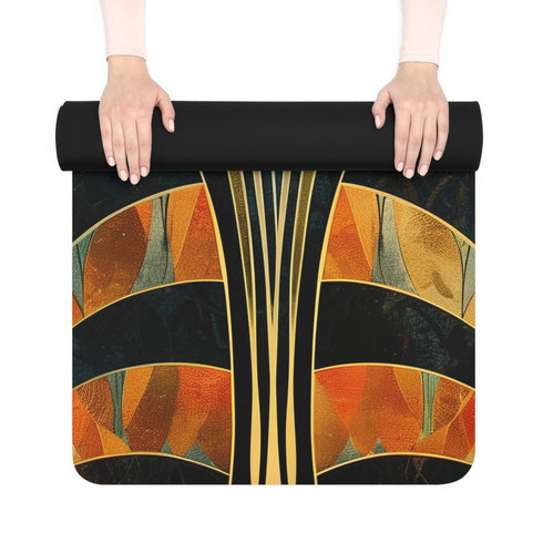 Abstract art deco pattern rubber yoga mat in 26" x 70" size.