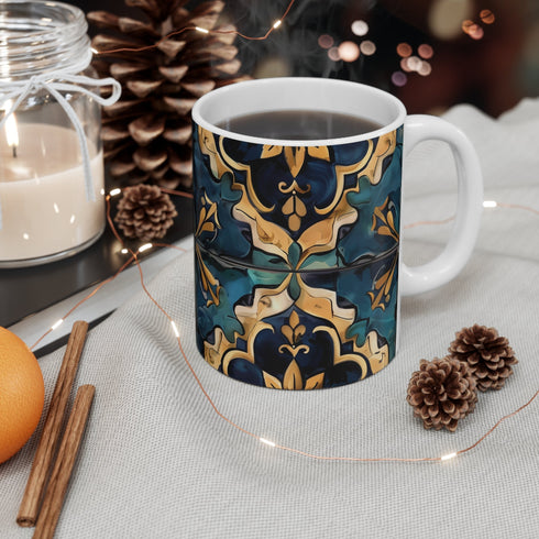 Handcrafted ceramic coffee mug with artisan tiles pattern, 11oz.