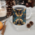 Handcrafted ceramic 11oz coffee mug with artisan tiles seamless pattern.
