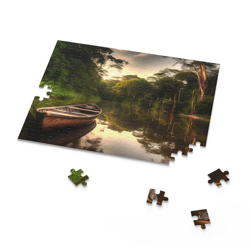 Vibrant Amazon River Adventure Jigsaw Puzzle with lush rainforest and wildlife.