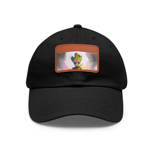 Neon baby Groot baseball cap with light brown patch.
